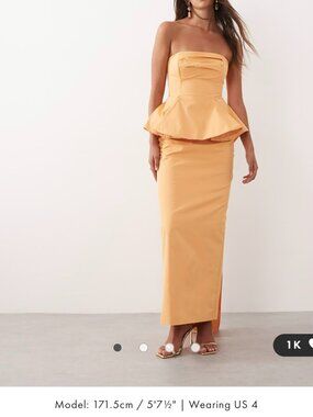 ARRANGE Bandeau Cinched Maxi Strapless Peplum Column Dress Apricot 6 -MSRP $260